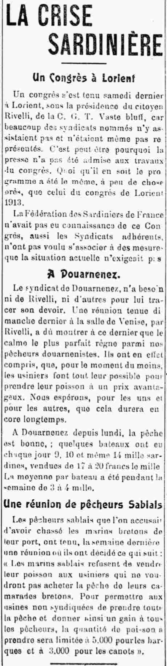 La Crise Sardinière Un Congrès à Lorient A Douarnenez Une réunion